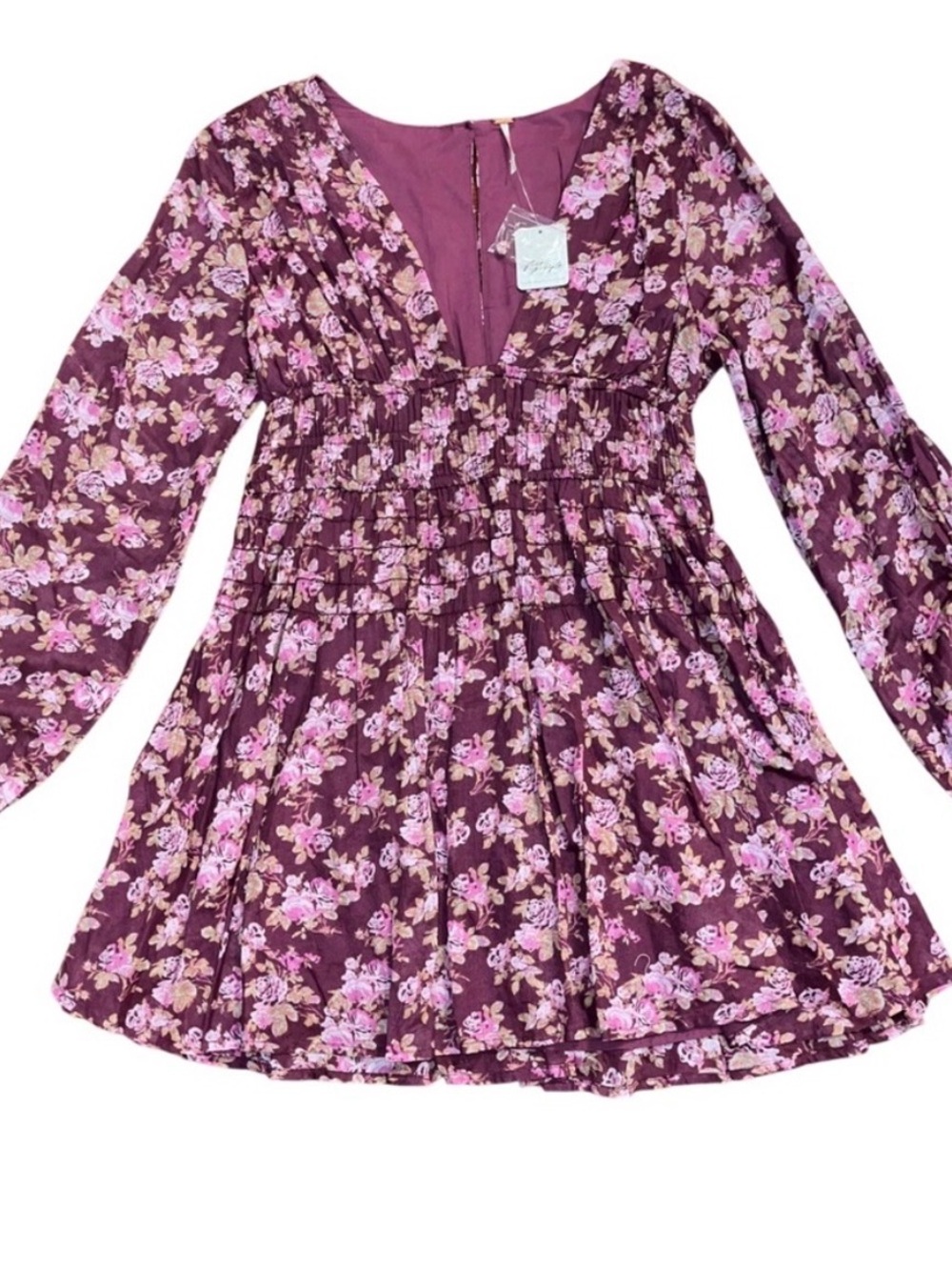 Free People Maroon Pink Floral Short Dress V Neck Dress NWT Medium Long Sleeve